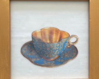 Antique cups and saucer | blue and gold | textured art | encaustic wax | mixed media | decadent art  luxe art | Small artwork  Karen Canning