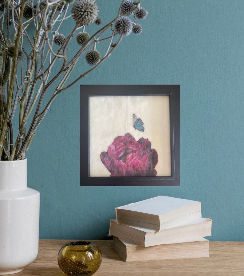 Butterfly Landing 2 Mixed Media Encaustic Wax Burgundy Peony Blue