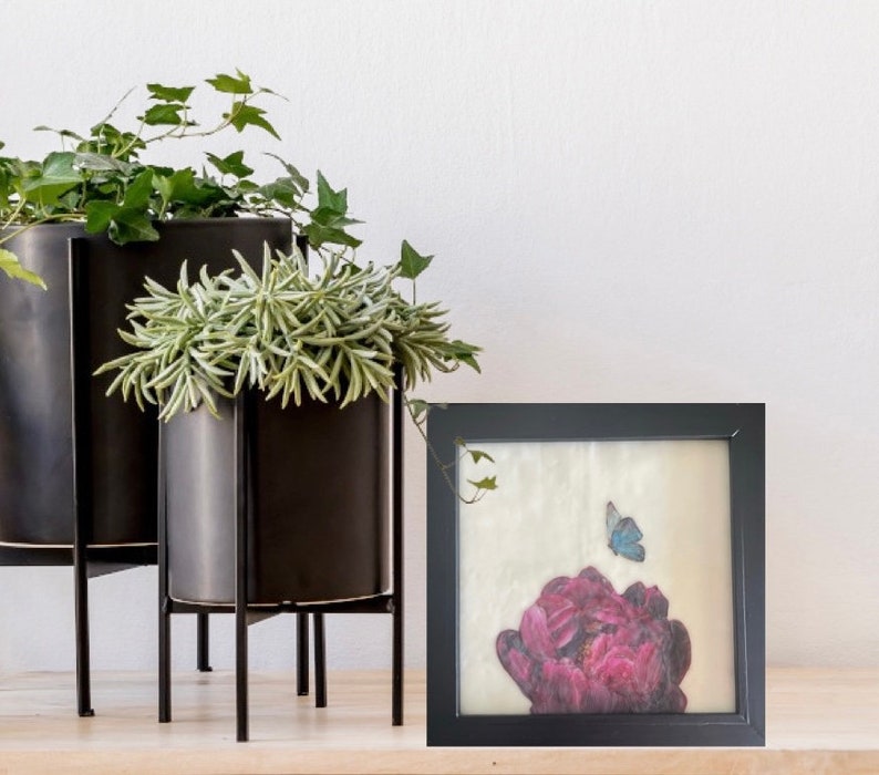 Butterfly Landing 2 Mixed Media Encaustic Wax Burgundy Peony Blue