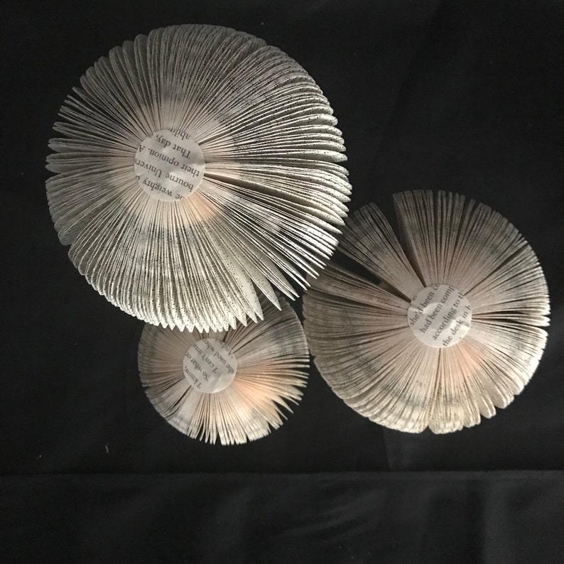 Sculptural mushrooms made from recycled books. Available in three sizes.