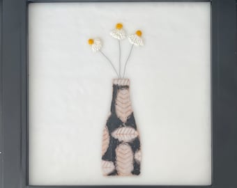 Daisies in black leaf vase - Encaustic wax - Mixed Media - Black and white - textured - 24cm x 24cm - Karen Canning -