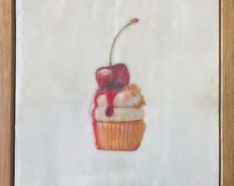 Sweet Treat #4 | encaustic painting | wax painting | mixed media | textured artwork | cupcake art | food lovers | Karen Canning | cherry art
