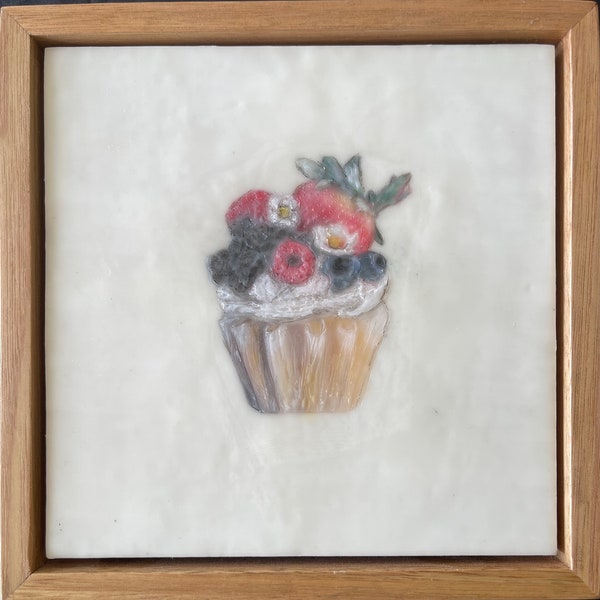 Sweet Treat #1 | cupcake art | mixed media | encaustic painting | textured art | food lover | small art | affordable art | Karen Canning |