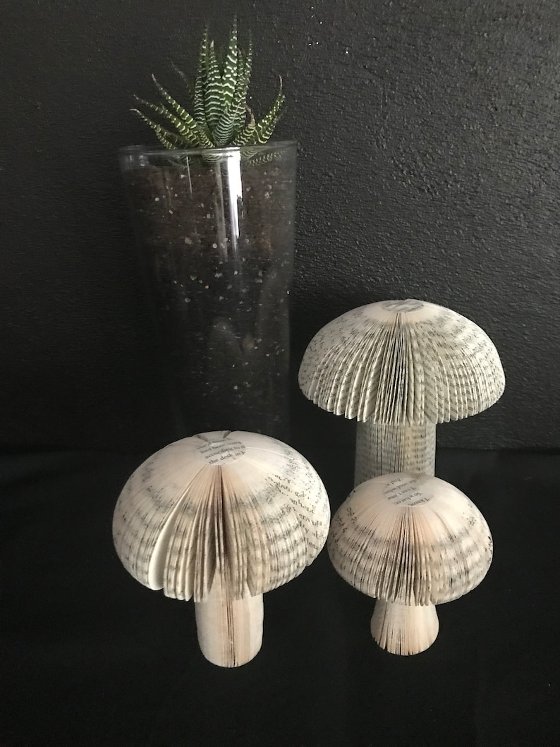 Sculptural mushrooms made from recycled books. Available in three sizes.