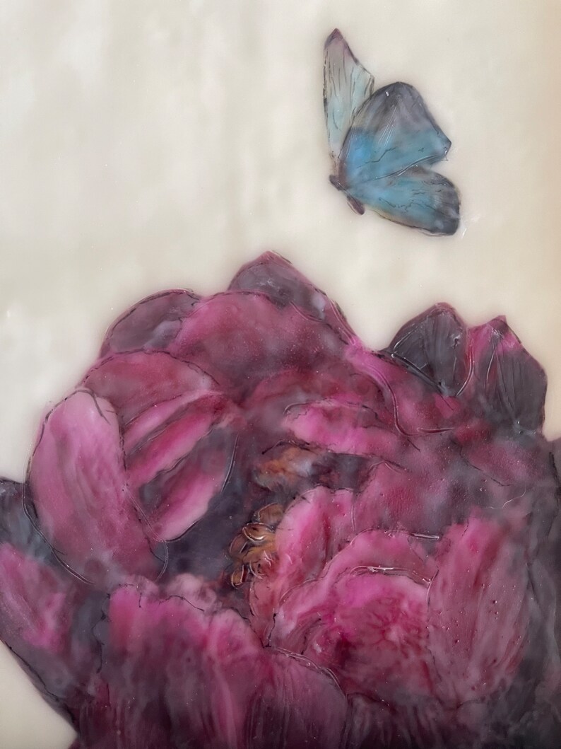 Butterfly Landing 2 Mixed Media Encaustic Wax Burgundy Peony Blue