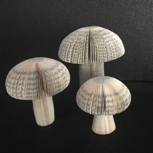 Sculptural mushrooms made from recycled books. Available in three sizes.