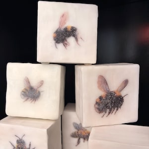 May include: A stack of white square blocks, each featuring a detailed image of a bumblebee. The bees are depicted with black, yellow, and brown markings, and pinkish-brown wings. The blocks are arranged against a dark background.