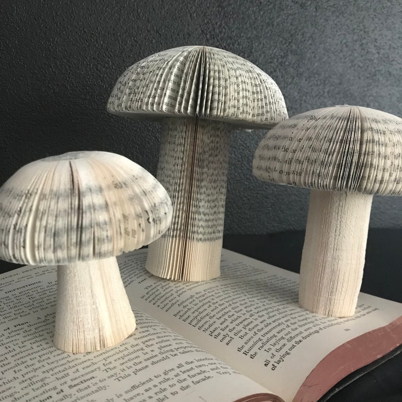 Sculptural mushrooms made from recycled books. Available in three sizes.