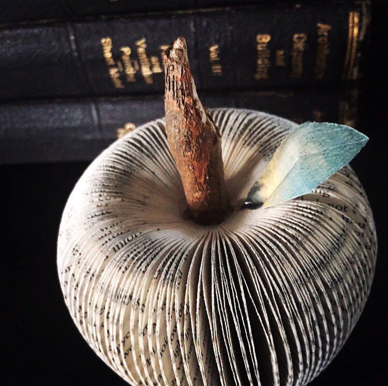 Sculptural apples made from recycled books. A real branch is used for their stems.