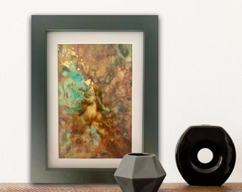 Abstract art - encaustic/mixed media - gold gilding, tan and aqua - 21cm x 16cm