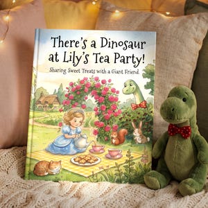 May include: A children's book titled "There's a Dinosaur at Lily's Tea Party!" with a colorful illustration of a tea party scene. A green plush dinosaur with a red bow tie sits beside the book. The book cover features a girl, a dinosaur, and other animals.