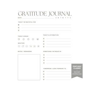Daily Gratitude Journal Instant Printable Journal Page Digital Daily Planner Printable Download Daily Planner Everyday Minimal Daily Planner
