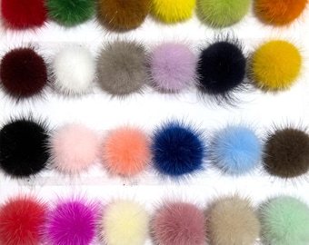 Mink Fur Pom Pom, 1.6" Fluffy Ball with Elastic Loop