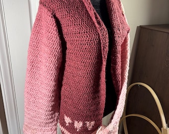 Supersoft Ombre Pinks Long Sleeve Unstructured Crocheted Cardigan with Valentine Hearts Size Medium