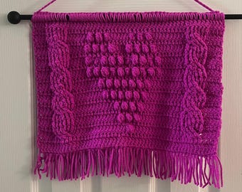 Hand Crocheted Hot Pink Hearts and Cables Wall Hanging with Fringe 13 x 15