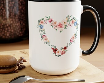 Floral Heart Mug: Pretty Pastel Two-Tone Coffee or Tea Cup (15 oz)