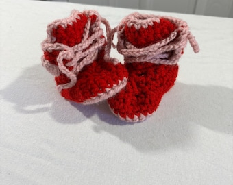 Hand Crocheted soft "high top," baby booties with hearts and laces -- Size 0-3 months