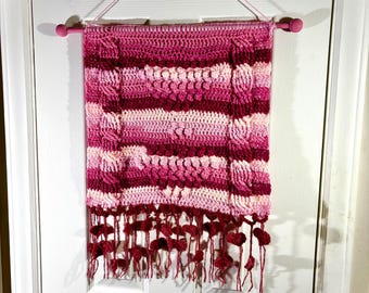 Crocheted Pink Ombre Wall Hanging with Heart Fringe