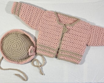 Conjunto de suéter y gorro de crochet para tu pequeñín rosa y beige