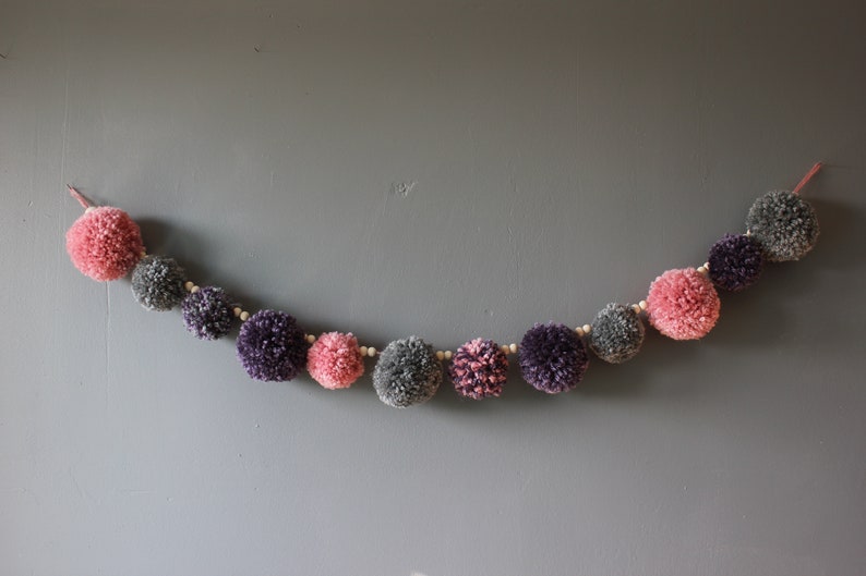 Pink, purple and grey pom-pom wreath image 1