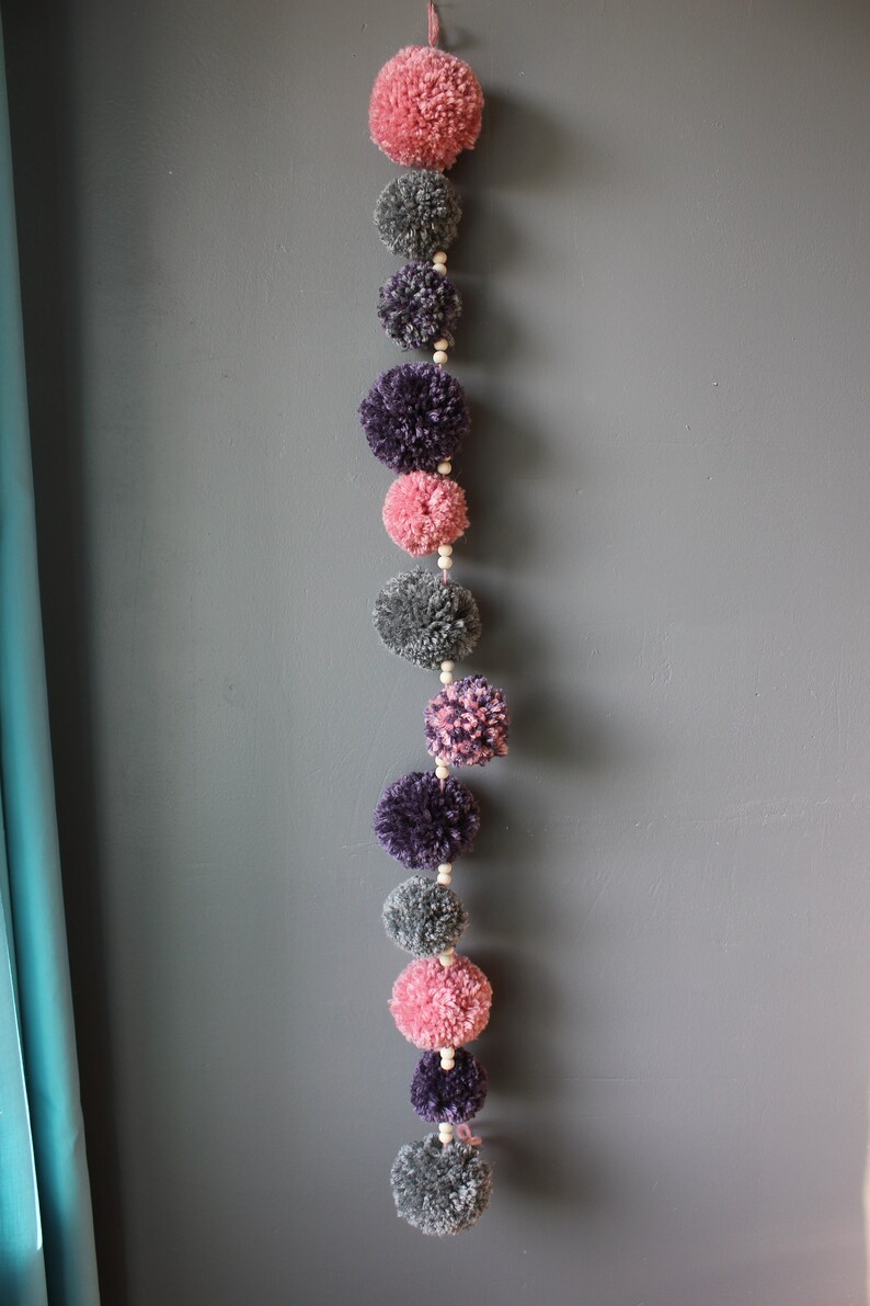 Pink, purple and grey pom-pom wreath image 2