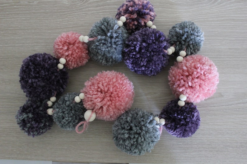 Pink, purple and grey pom-pom wreath image 4