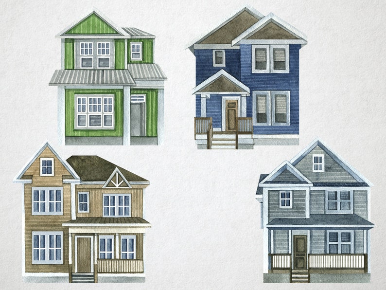 Watercolor house clip art with landscape for instant download. Etsy