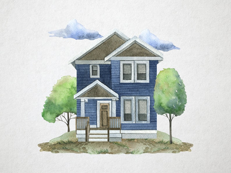 Watercolor house clip art with landscape for instant download. Etsy