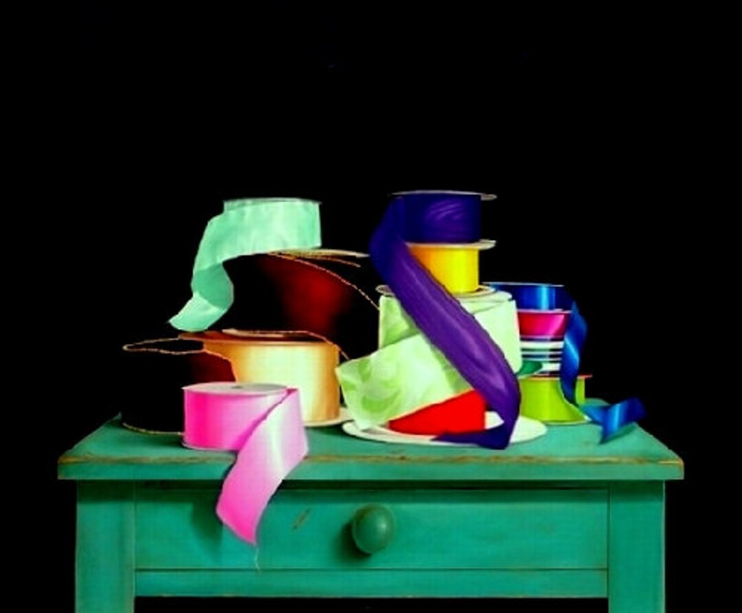 Realism Original Oil Painting on Board of Ribbons on Table Top by Ann