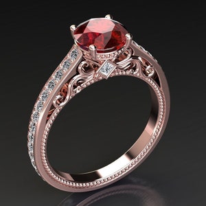 Ruby Engagement Ring 1.50 Carat Ruby And Diamond Unique Engagement Rings In 14k or 18k Rose Gold Filigree Ruby Anniversary Ring