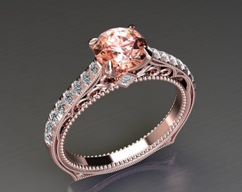 Peach Sapphire Engagement Ring Champagne Sapphire And Diamond Unique Engagement Rings In 14k or 18k Rose Gold Sapphire Anniversary Ring