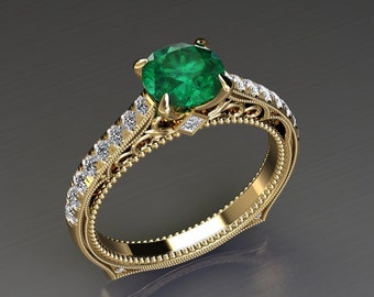 Yellow Gold Emerald Engagement Ring 1.25 Carat Emerald Victorian Engagement Ring 14k or 18k Yellow Gold Emerald Anniversary Ring Euro Shank