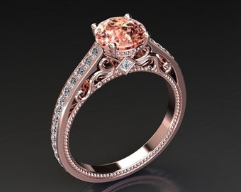 Peach Sapphire Engagement Ring Champagne Sapphire And Diamond Unique Engagement Rings In 14k or 18k Rose Gold Sapphire Anniversary Ring
