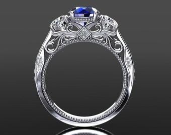 Blue Sapphire Engagement Ring Blue Sapphire And Moissanite Three Stone Engagement Ring 14k or 18k White Gold Blue Sapphire Anniversary Ring