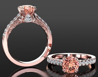 Peach Sapphire Engagement Ring 1.80 Carat Champagne Sapphire And Diamond Engagement Ring In 14k or 18k Rose Gold Sapphire Anniversary Ring