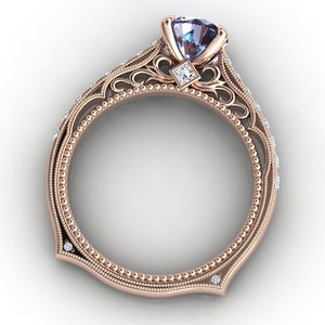Color Change Alexandrite Engagement Ring, Victorian / Vintage Style Filigree Anniversary Ring, 14k or 18k Rose Gold Unique Euro Shank Ring