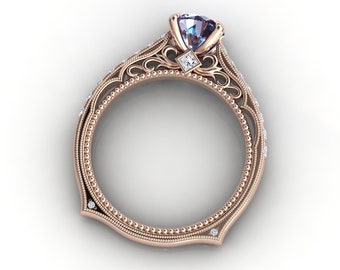 Color Change Alexandrite Engagement Ring, Victorian / Vintage Style Filigree Anniversary Ring, 14k or 18k Rose Gold Unique Euro Shank Ring