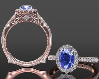 Oval Tanzanite Engagement Ring 1.60 Carat Tanzanite Engagement Ring 14k or 18k Rose Gold Tanzanite Anniversary Ring Vintage Style Ring