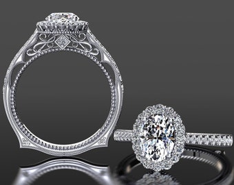 Oval Moissanite Halo Engagement Ring Forever One Moissanite And Diamond Engagement Ring 14k or 18k White Gold Moissanite Anniversary Ring