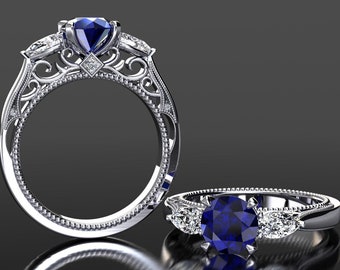 Blue Sapphire Engagement Ring Blue Sapphire And Diamond Three Stone Engagement Ring In 14k or 18k White Gold Blue Sapphire Anniversary Ring