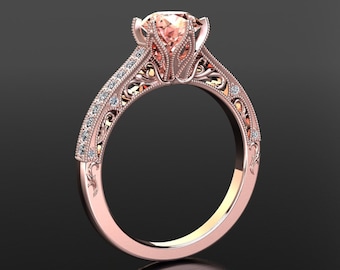 Champagne Sapphire Engagement Ring 1.80 Carat Peach Sapphire And Diamond Engagement Rings In 14k or 18k Rose Gold Champagne/peach Sapphire
