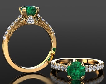 Emerald Engagement Ring 1.25 Carat Green Emerald And Diamond Victorian Style Engagement Ring 14k or 18k Yellow Gold Emerald Anniversary Ring