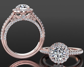 Moissanite Engagement Rings Forever One Moissanite And Diamond Halo Engagement Ring Set In 14k or 18k Rose Gold Moissanite Anniversary Ring