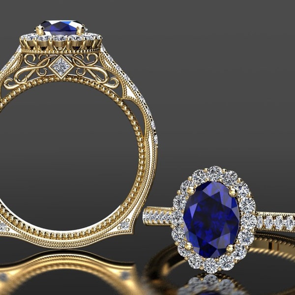 Oval Blue Sapphire Engagement Ring 1.75 Ct Blue Sapphire And Diamond Engagement Ring 14k or 18k Yellow Gold Blue Sapphire Anniversary Ring