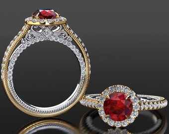 Ruby Engagement Ring Ruby And Diamond Halo Engagement Ring In 14k or 18k White Gold Ruby Anniversary Ring Unique Ruby Engagement Rings