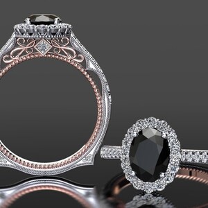 Oval Black Diamond Engagement Ring 1.70 Carat Black Diamond Halo Engagement Ring 14k or 18k Two Tone Gold  Black Diamond Anniversary Ring