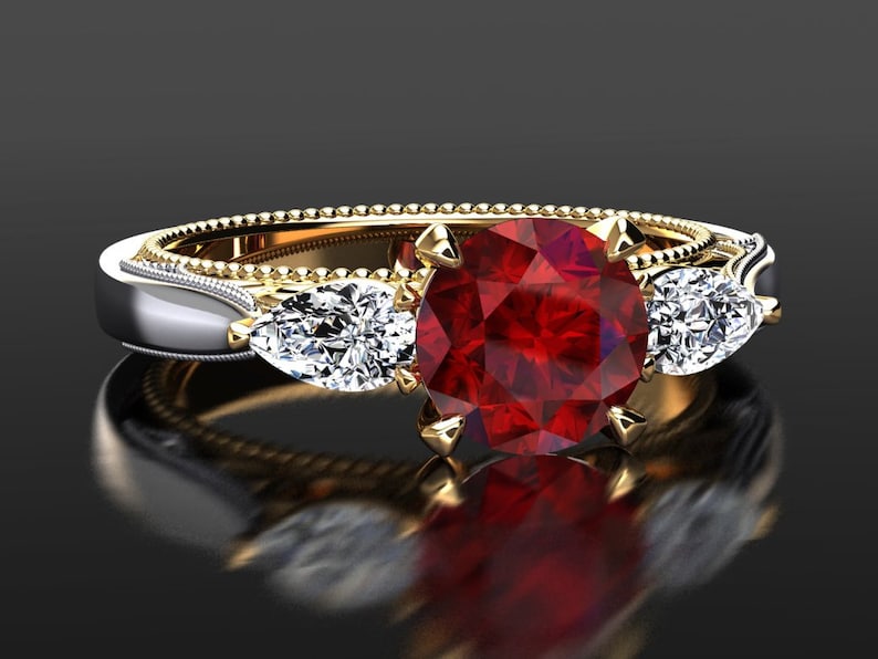 Ruby Engagement Ring Ruby and Diamond Unique Three Stone Etsy