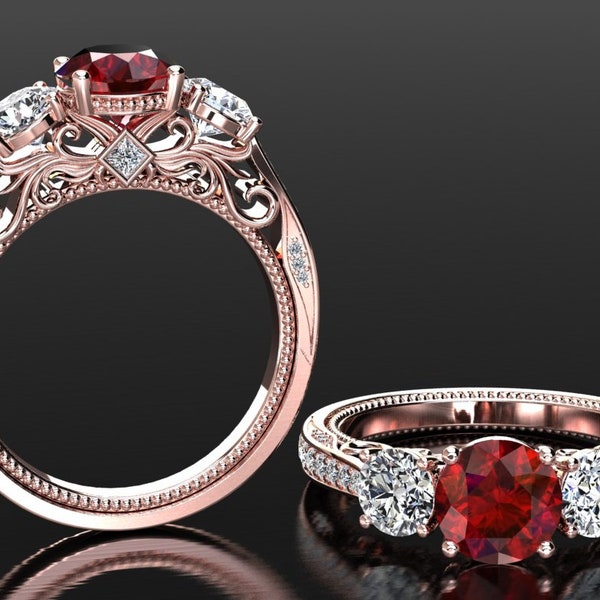 Ruby Engagement Ring Ruby And Moissanite Three Stone Engagement Rings 14k or 18k Rose Gold Engagement Ring Ruby Anniversary Ring