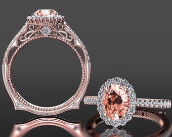Oval Peach Sapphire Ring 1.75 Carat Champagne Sapphire And Diamond Engagement Ring 14k or 18k Rose Gold Euro Shank Sapphire Anniversary Ring