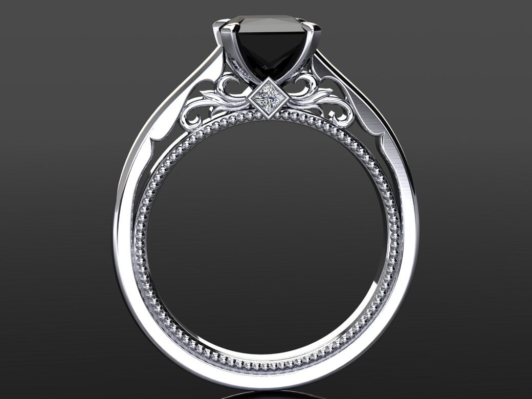 Platinum Black Diamond Engagement Ring Princess Cut Black Etsy